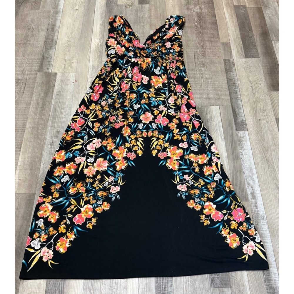 Soma Floral Border Print Maxi Dress XL Black Pink Orange V-Neck Sleeveless